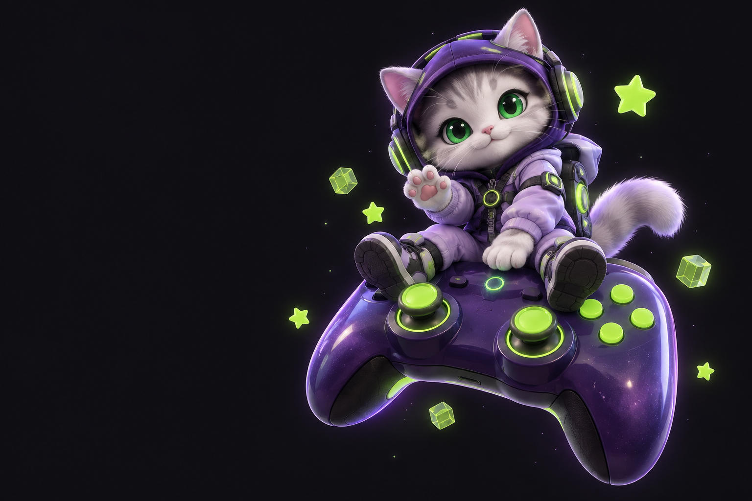 戴紫色耳机的猫咪开发者坐在游戏手柄上，向你招手
